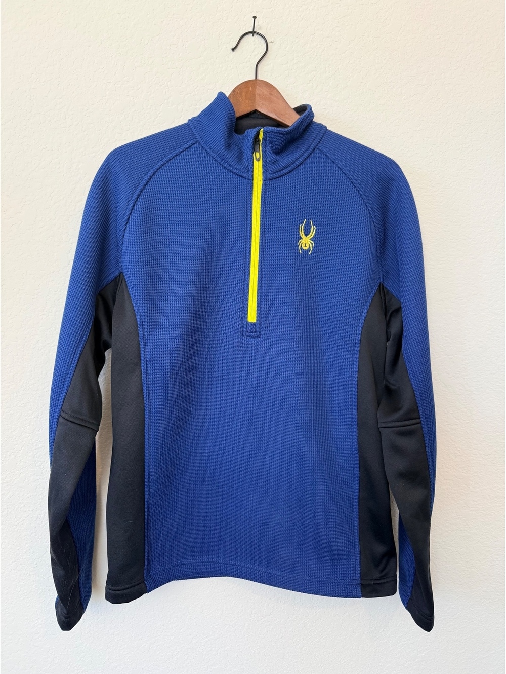 Spyder Medium Blue Black Half Zip Fleece Pullover Yellow Logo Ski Midlayer